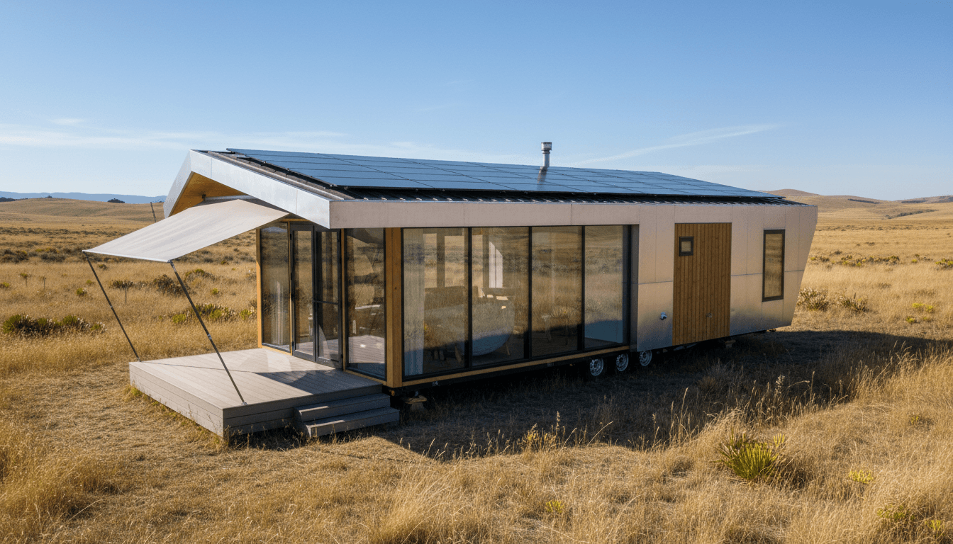 Compact mobile structure with solar panels in a sunny landscape